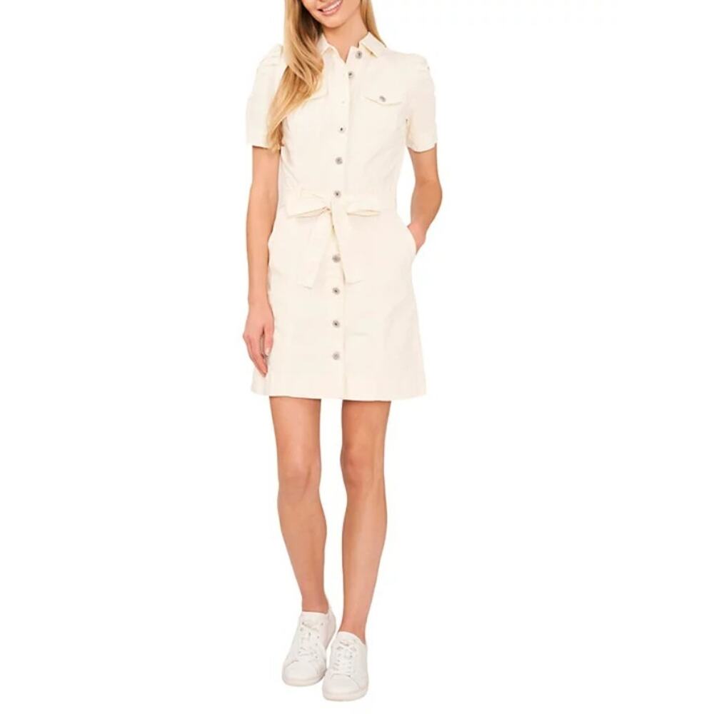 CeCe Women's Puff Sleeve Button Front Denim Dress Ivory Size 12